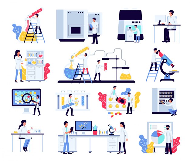 Científicos de química de investigación de laboratorio farmacéutico con composiciones aisladas de personajes humanos, equipos de laboratorio y muebles