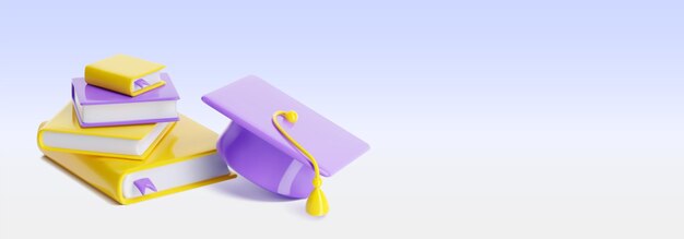 Cierra la pila de libros con marcadores y sombrero de graduación