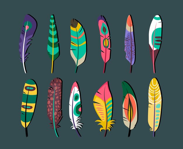 Cierre de atractivos diseños de conjunto de iconos de plumas de colores sobre fondo gris.