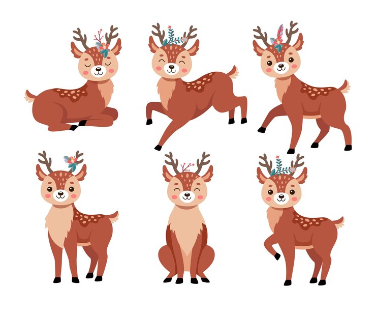 Vector gratuito ciervo cómico en diferentes poses conjunto de ilustraciones vectoriales. personaje de dibujos animados de reno o cervatillo, animal salvaje con cuernos y cola pequeña aislado sobre fondo blanco. vida silvestre, concepto de navidad