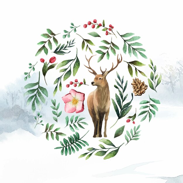 Ciervo rodeado de vector de acuarela de flor de invierno