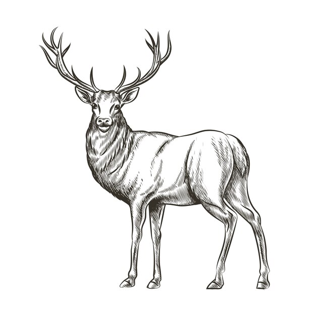 Ciervos dibujados a mano. Animal salvaje, cuerno y vida silvestre de la naturaleza, reno de mamífero, cuerno de cuernos, ilustración vectorial de dibujo
