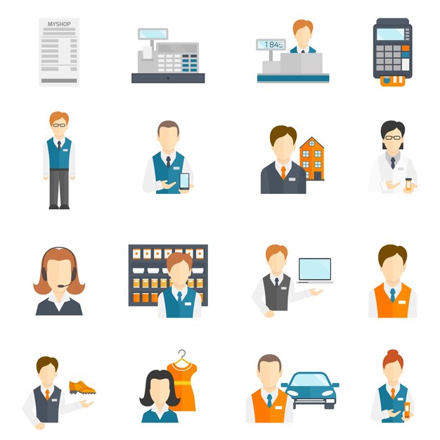 Cifras del vendedor de negocios iconos conjunto plano aislado ilustración vectorial