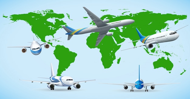 Cinco avión que vuela en todo el mundo