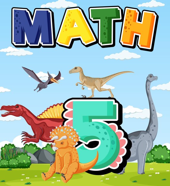 Cinco dinosaurios con dibujos animados número cinco.