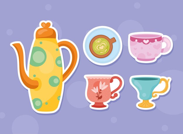 Cinco iconos de tetera y tazas
