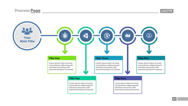 Vector gratuito cinco pasos procesan la plantilla de diapositiva de gráfico. datos comerciales diagrama de flujo, diagrama