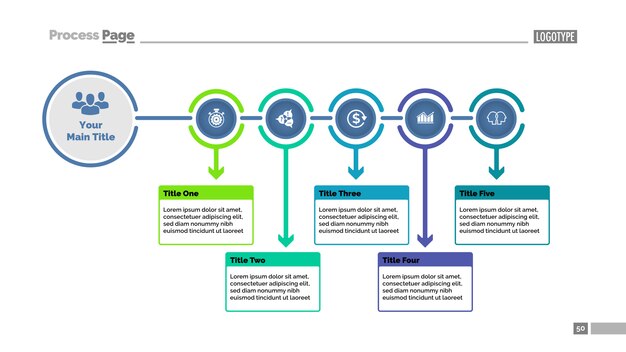 Cinco pasos procesan la plantilla de diapositiva de gráfico. Datos comerciales Diagrama de flujo, diagrama