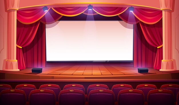 Cine con asientos de cortinas de pantalla blanca
