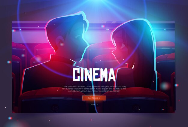 Cine dibujos animados web banner pareja amorosa en cine hombre y mujer se miran sentados en el pasillo vacío frente a la pantalla brillante