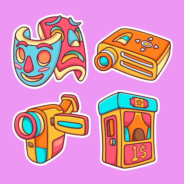 Cine pegatina iconos dibujados a mano para colorear Vector