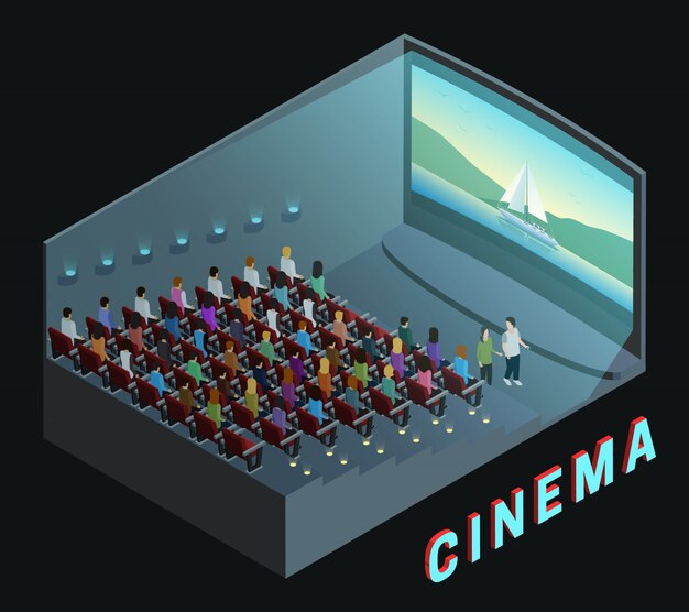 Cine sala cine auditorio interior vista isométrica cartel.