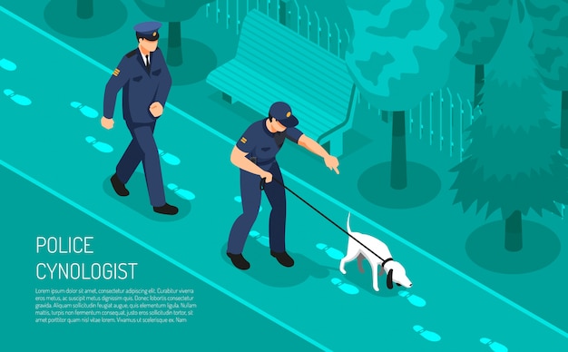 Cinólogo de la policía pasos especiales que siguen el entrenamiento del perro que ayuda a los inspectores detectives en la investigación del crimen composición isométrica ilustración vectorial