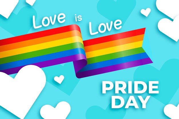 Cinta de la bandera del día del orgullo con fondo de corazones