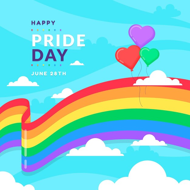Cinta de la bandera del día del orgullo con fondo de globos de corazón