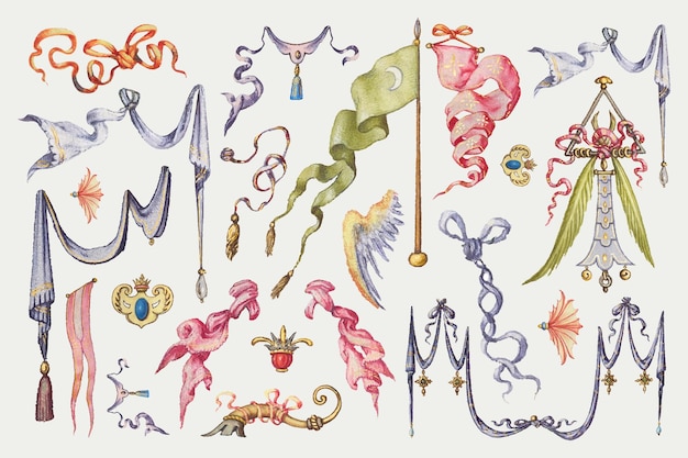 Cinta heráldica y colección de vectores medievales de bandera, remezcla de The Model Book of Calligraphy Joris Hoefnagel y Georg Bocskay