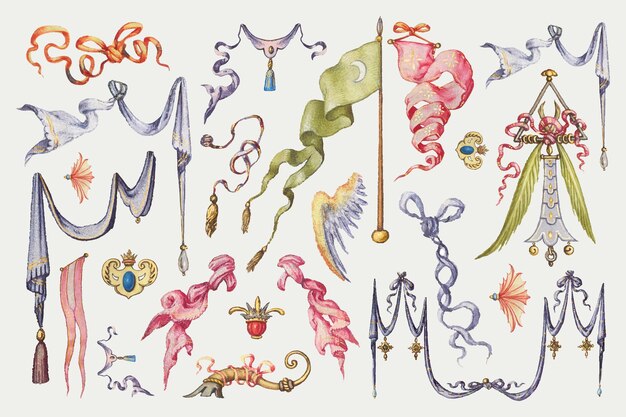 Cinta heráldica y colección de vectores medievales de bandera, remezcla de The Model Book of Calligraphy Joris Hoefnagel y Georg Bocskay