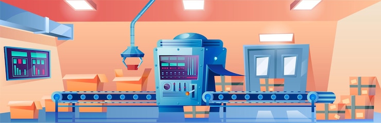 Vector gratuito cinta transportadora con almacén de la planta de fábrica de cajas de cartón o interior de la oficina de correos con línea de producción automatizada con paquetes de mercancías o productos en paquetes de cartón ilustración de dibujos animados