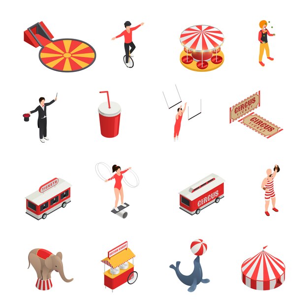 Circo conjunto isométrico de mange malabarista payaso acróbata entrenado animales entradas cola carrusel iconos decorativos