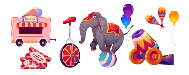 Vector gratuito circo y elefante en bola, carpa carpa