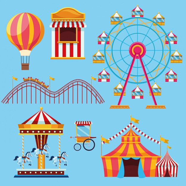 Circo y festival conjunto de iconos de dibujos animados