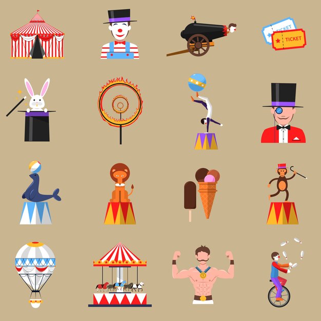 Circo retro iconos planos establecidos conjunto impresión