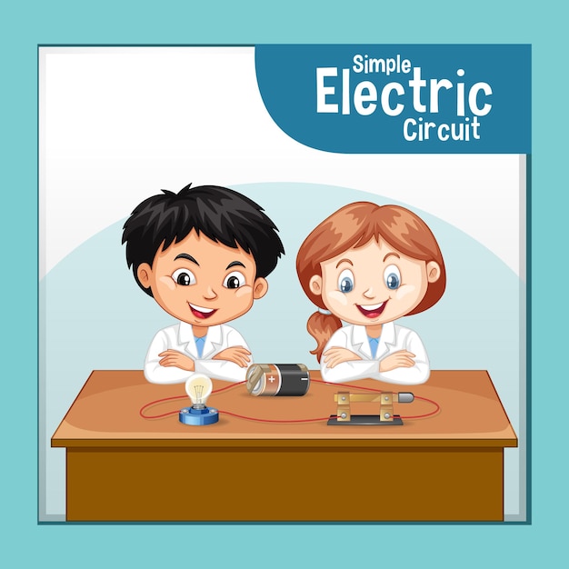 Circuito eléctrico simple con personaje de dibujos animados de niños científicos