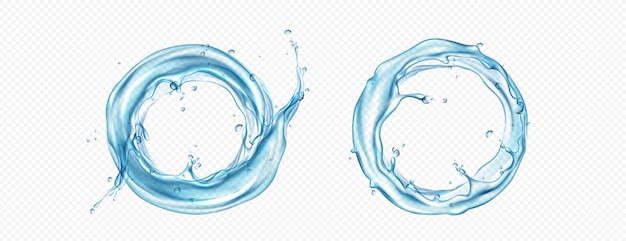 Círculo de agua salpicadura y remolino redondo marco de vector 3d realista Onda de agua líquida con gota y burbuja en flujo de anillo Diseño gráfico de corriente azul claro mineral con movimiento Textura de torbellino brillante fresco