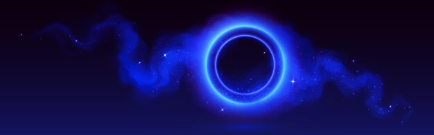 Círculo azul neón en una brillante nube de humo