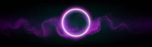 Círculo brillante de neón con nube o humo y chispas Ilustración vectorial realista de anillo púrpura claro con efecto de niebla en fondo oscuro Marco de juego mágico o futurista o portal con neblina
