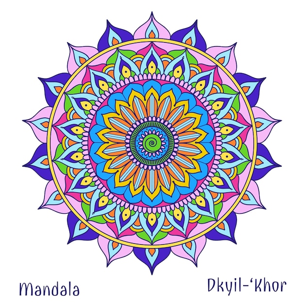 Círculo floral, mandala, símbolo de diseño, meditación y flor, motivo tribal de decoración. Ilustración vectorial