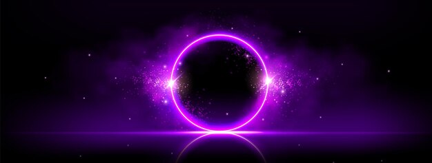 Círculo púrpura en una nube de humo sobre fondo negro Ilustración vectorial realista de un marco redondo que brilla con partículas brillantes con luz de neón en el borde del espacio abstracto Diseño de fiesta nocturna de niebla