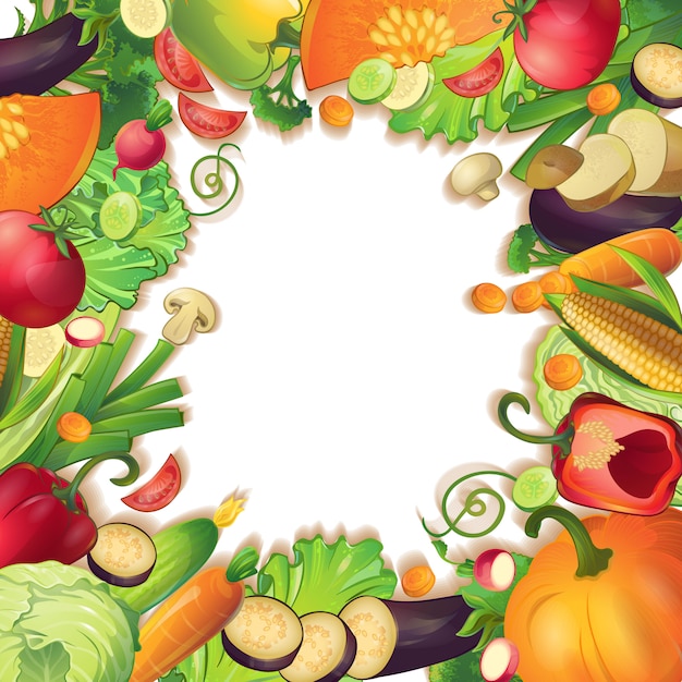 Círculo vacío aislado rodeado de realistas frutas vegetales y rodajas símbolos composición conceptual sobre fondo blanco.