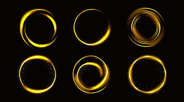 Círculos dorados con destellos, marcos redondos dorados, bordes brillantes con brillo o polvo de hadas, anillos brillantes, elementos de diseño de fantasía aislados Ilustración vectorial 3d realista, conjunto