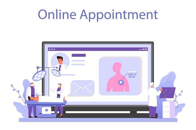Cirujano servicio o plataforma en línea Médico que realiza operaciones médicas Especialista médico profesional Cita en línea Ilustración vectorial aislada