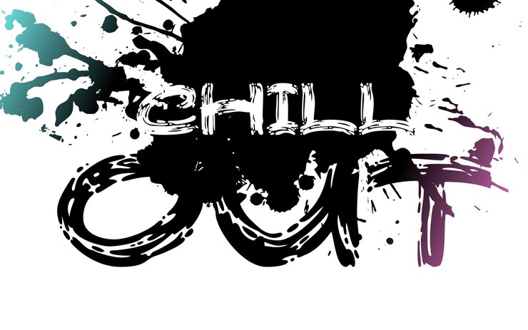 Cita de letras grunge Chill out sobre fondo negro salpicado