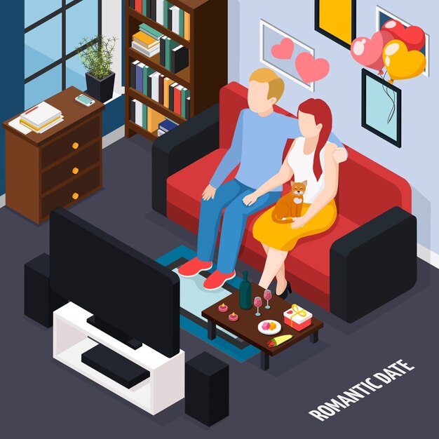 Cita romántica cena para dos en casa composición isométrica con pareja en el sofá viendo la ilustración de televisión