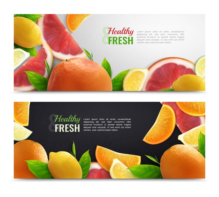Vector gratuito cítricos coloridos carteles horizontales con conjunto de fruta fresca y saludable subtítulo realista