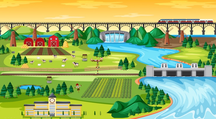 Vector gratuito ciudad de campo agrícola y escuela y puente sky train con presa paisaje lateral escena estilo de dibujos animados