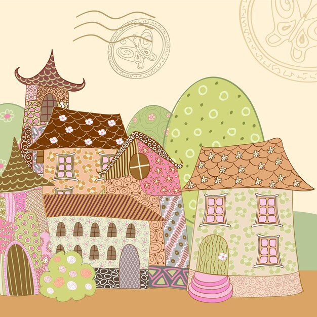 Ciudad decorativa con patrones ilustración vectorial