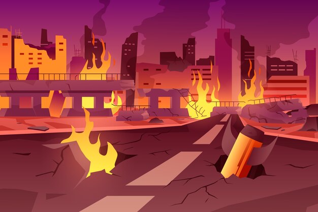 Ciudad degradada sobre fondo de fuego