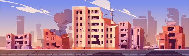 Ciudad destruida en zona de guerra, edificios abandonados con humo. Destrucción, desastres naturales o consecuencias de cataclismo, ruinas del mundo postapocalíptico con carreteras rotas y dibujos animados de calles