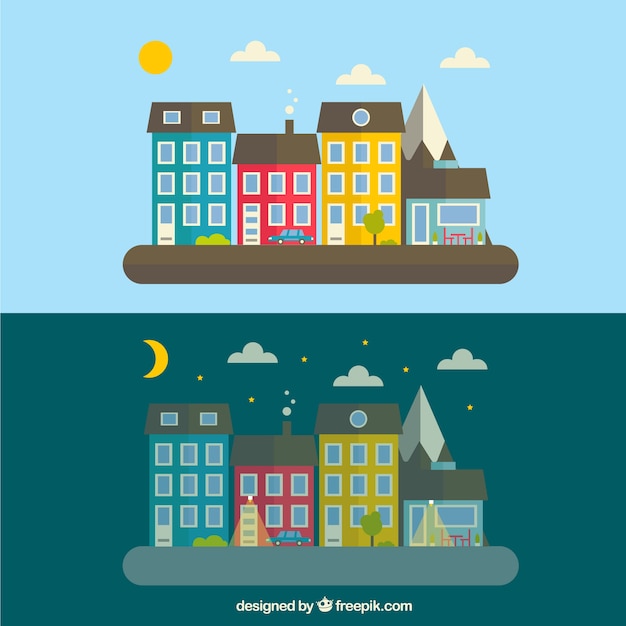 Vector gratuito ciudad de día y de noche en diseño plano