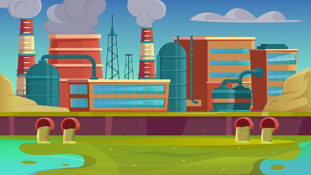 La ciudad drena el fondo plano con el paisaje urbano de la fábrica y la ilustración de la contaminación del río