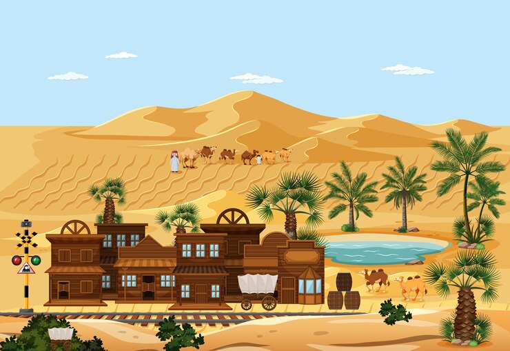 Vector gratuito ciudad en escena de paisaje de naturaleza desértica