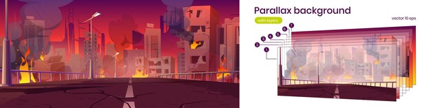 Ciudad de fondo de paralaje en fuego, destrucción de guerra, edificios rotos en llamas abandonados y paisaje urbano de puente 2d. Vista de destrucción de bomba de dibujos animados con capas separadas para la escena del juego, ilustración vectorial