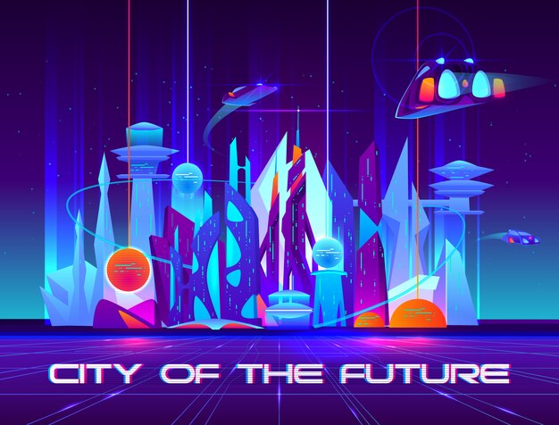Ciudad del futuro en la noche con luces de neón vibrantes y esferas brillantes.