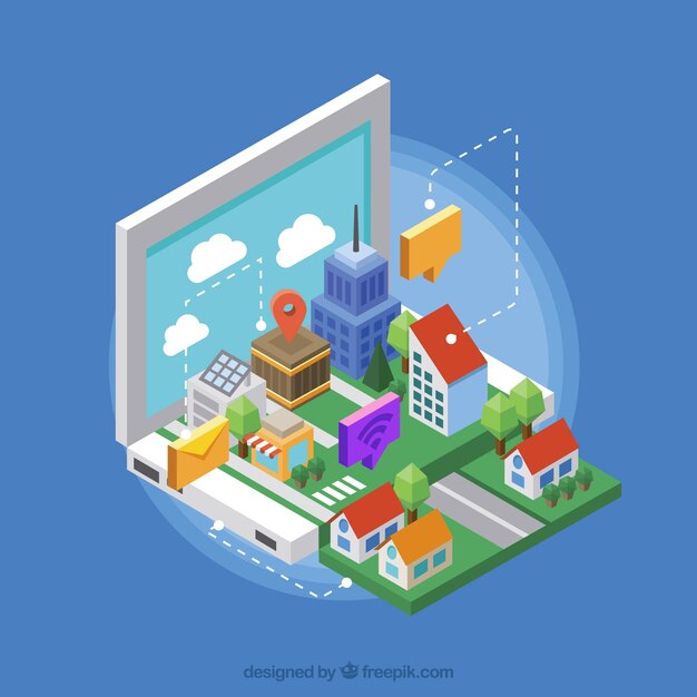 Ciudad inteligente con bonitas casas en estilo isométrico