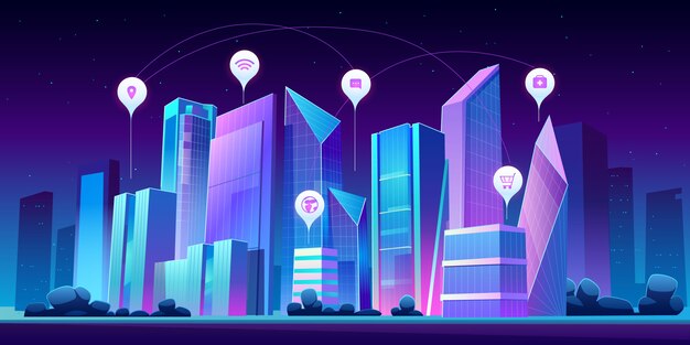Ciudad inteligente e iconos de infografía en la noche