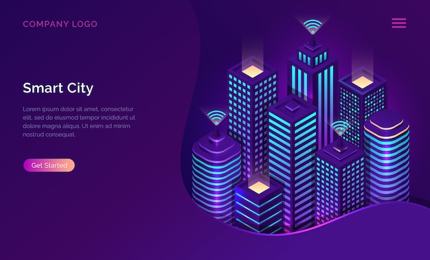 Ciudad inteligente, internet de las cosas o red inalámbrica isométrica